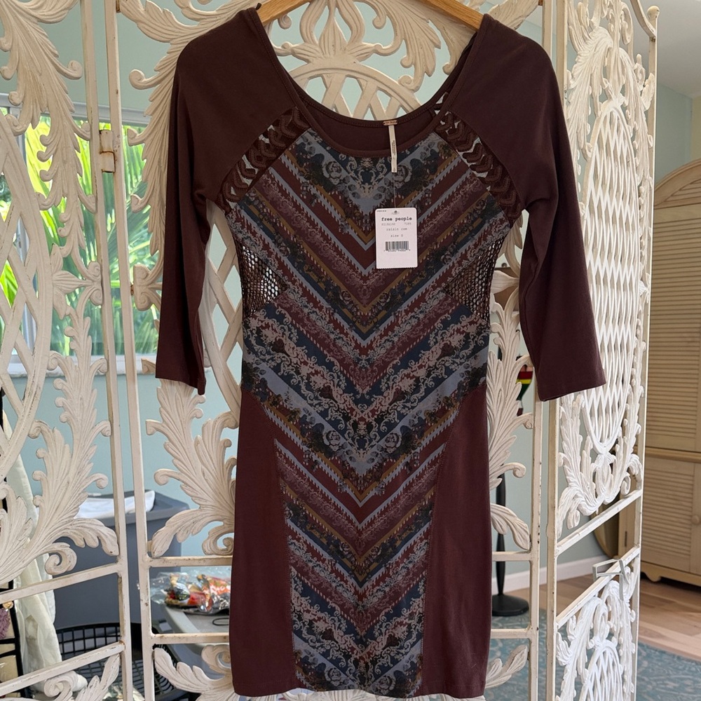 NWT / Free People / Brown and Gray Long Sleeve Dress